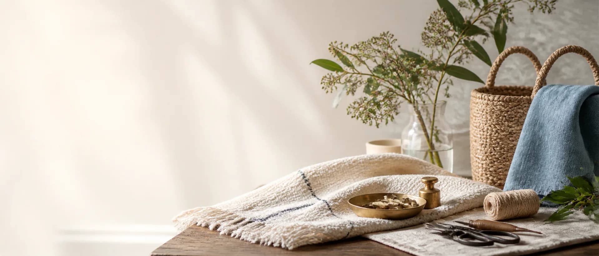 Textiles, a woven bag, brass tools, and botanical stems on an artisan worktable.