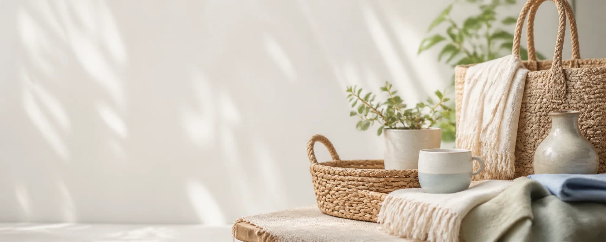 Handmade ceramics, woven baskets, linen, and greenery in a calm home.
